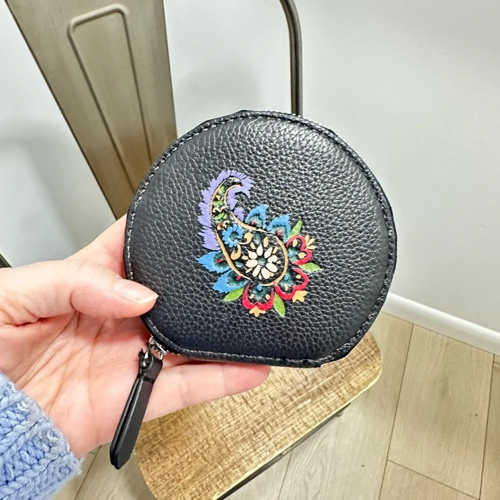 Vera Bradley Black Round Coin Purse with Colorful Paisley Motif